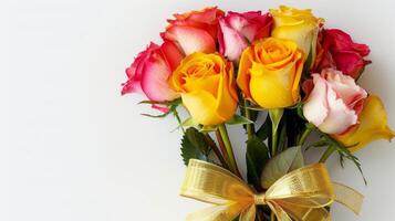 boeket van kleurrijk rozen versierd met gouden zijdezacht lint stropdas geïsoleerd Aan wit achtergrond foto
