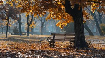 herfst park, nagemaakt bank in de park onder een boom, herfst landschap. foto