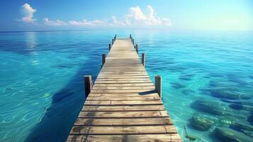 houten pier uitbreiden in kalmte blauw zee foto