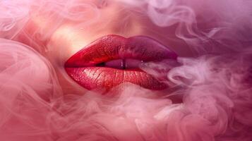 romig matte lip kleur, roze lip verdoezelen. de achtergrond is roze rook foto