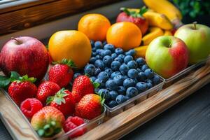 een dienblad van fruit inclusief appels, sinaasappelen, aardbeien, bosbessen foto