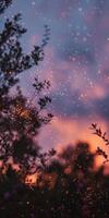 schemering magie net zo sparkles licht omhoog een Purper avond lucht foto