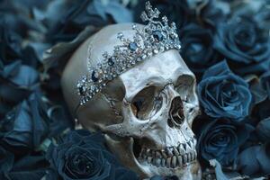 zilver schedel versierd met Koninklijk tiara omringd door donker rozen foto