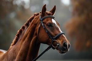 majestueus kastanje paard met wit uitbarsten Aan voorhoofd foto