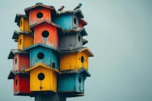 grillig stack van veelkleurig vogelhuisjes Aan een mistig dag foto