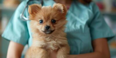 klein pluizig room gekleurde puppy wezen voorzichtig gehouden door dierenarts foto