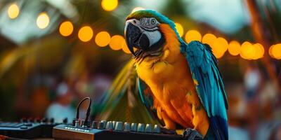 papegaai met helder gevederte gebruik makend van een klein dj menger in een tropisch instelling foto