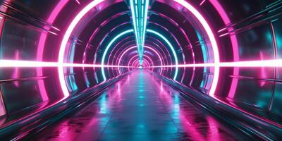 futuristische tunnel verlichte door neon roze en blauw lichten foto