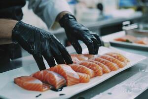 chef regelen van plakjes van rauw Zalm Aan een wit bord foto