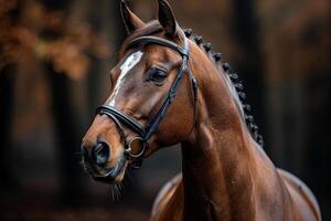 een bruin paard met een zwart teugel en een wit plek Aan haar gezicht foto