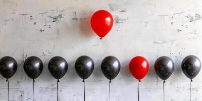 single helder rood ballon stijgende lijn hoger dan zwart ballonnen foto