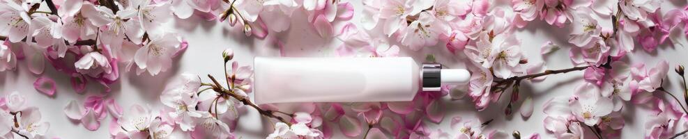 huidsverzorging Product genesteld tussen zacht roze bloemen bloesems foto