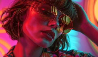 mooi jong vrouw in zonnebril is poseren in de studio over- de neon achtergrond foto