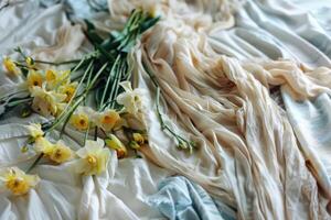 narcissen Aan room kleding stof - elegantie in de lente bloeien foto