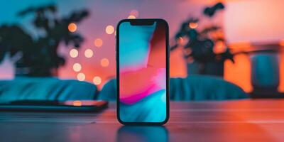 modern smartphone Aan bureau met ambient bokeh verlichting foto