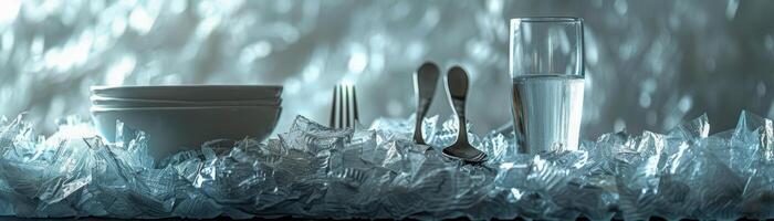 hedendaags dining tafel opstelling met metalen zilverwerk Aan ijs blauw achtergrond foto