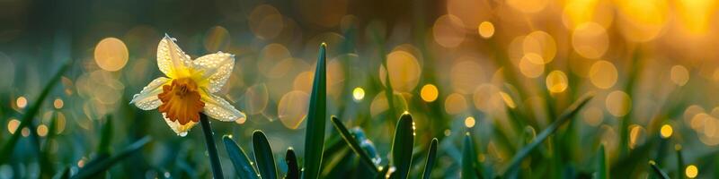 met dauw gekust gele narcis in gouden ochtend- licht foto