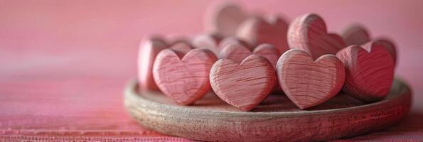 houten harten in kom Aan roze backdrop - symbool van liefde en genegenheid foto