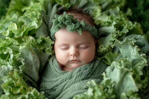 pasgeboren baby verpakt in groen met kool bladeren foto