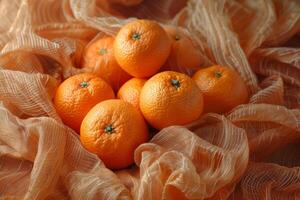 mandarijnen genesteld in zacht getextureerde kleding stof foto