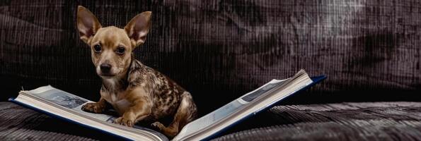 charmant puppy denkt na over- Pagina's in een knus lezing hoekje foto