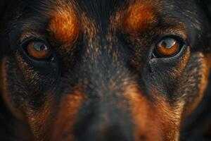 een hond met bruin en zwart vacht heeft bruin ogen foto