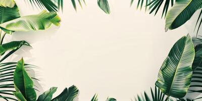 tropisch groen bladeren framing een schoon wit achtergrond foto