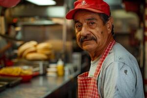 Mexicaans restaurant arbeider Bij zijn Koken station voorbereidingen treffen voedsel foto