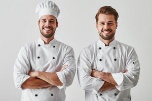 portret van een twee gelukkig chef glimlachen Bij camera, wit achtergrond foto
