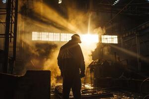 silhouet visie van een arbeider Bij olie en gas- raffinaderij foto
