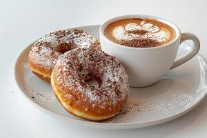 kop van koffie met latte kunst met donuts Aan houten tafel en ochtend- zonlicht met schaduw door van venster. mooi maaltijd met warm zonlicht. foto