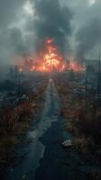 apocalyptisch ochtendgloren. een stad overspoeld in vurig verwoesting foto