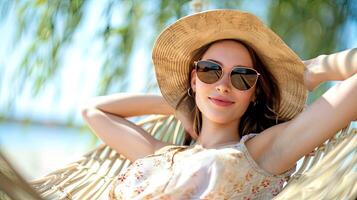 portret van een jong mooi vrouw met lang haar- in een rietje hoed vervelend zonnebril aan het liegen Aan een hangmat Bij de zomer tropisch strand. illustratie. foto