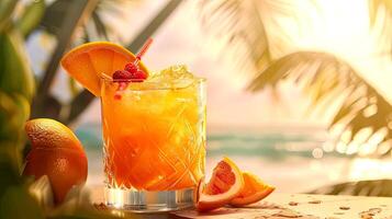 oranje cocktail met ijs en oranje plak Aan tropisch zonnig strand achtergrond. foto