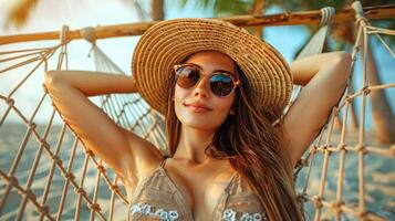 foto van een jong mooi vrouw in een rietje hoed vervelend zonnebril aan het liegen Aan een hangmat Aan tropisch eiland achtergrond. illustratie.