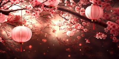 een Chinese lantaarns en roze bloemen Aan de boom festival gedurende Chinese nieuw jaar festival, selectief focus Aan transparantie achtergrond foto