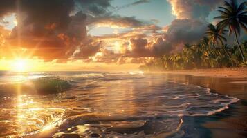sereen strand tafereel Bij zonsondergang, zon in de buurt horizon, warm gloed, palm omzoomd oever, teder golven foto