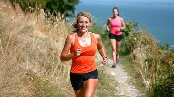 twee Dames zijn rennen langs toneel- kust- spoor Aan zonnig dag. leidend loper in oranje tank top en zwart korte broek, glimlacht blij. bevorderen actief levensstijlen, fitheid, en buitenshuis activiteiten foto