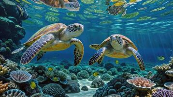 levendig onderwater- momentopname van zee schildpadden bovenstaand een koraal rif, ideaal voor thema's Aan marinier leven en natuur. onderwater- ecosystemen, ecotoerisme, zomer vakantie concept foto