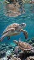 twee zee schildpadden glijden door zonovergoten wateren, presentatie van de sereen schoonheid van oceaan leven. perfect voor overbrengen de sereen verleiden van onderwater- ecosystemen. ecotoerisme, zomer vakantie concept foto