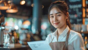 Aziatisch serveerster in een cafe. portret van een jong Aziatisch serveerster glimlachen Bij de camera, Holding een menu in een knus cafe instelling. foto