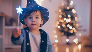 kleuter met magie toverstaf gedurende kerstmis. kleuter vervelend een sterrenhemel tovenaar hoed en Holding een gloeiend magie toverstok, met een Kerstmis boom in de achtergrond. foto