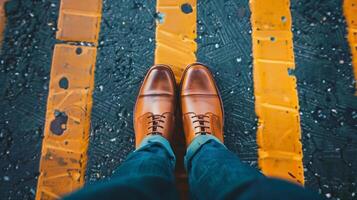 visie van gepolijst bruin leer schoenen Aan voeten, staand Aan een levendig, abstract geschilderd straat oppervlak. foto
