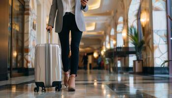 bedrijf reiziger wandelen met bagage in hotel lobby foto