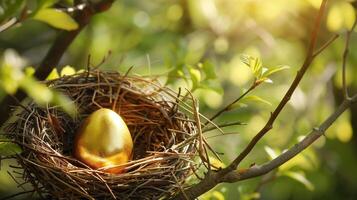 gouden ei in een natuurlijk instelling. gouden ei geplaatst in een vogel nest temidden van groen gebladerte, verlichte door zonlicht. . foto