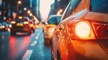 avond verkeer Aan stad straat. detailopname van auto achterlichten met een wazig straat tafereel van stad verkeer gedurende avond stormloop uur. foto