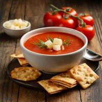 heet tomaat soep met kant crackers en kaas foto