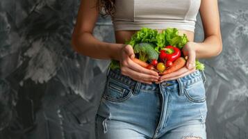 vrouw, handen en maag voor welzijn in studio, fruit en groente foto