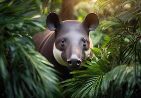 tapir in tropisch bladeren portret, elegant tropisch dier, wild regenwoud dier portret foto