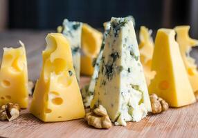 stukken van emmental en blauw kaas foto